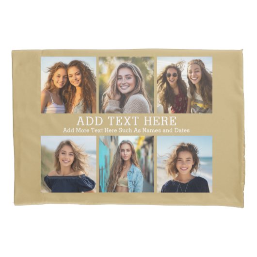 6 Fotocollage 2 regels tekst -- Pastel Gold Kussensloop (Voorkant)