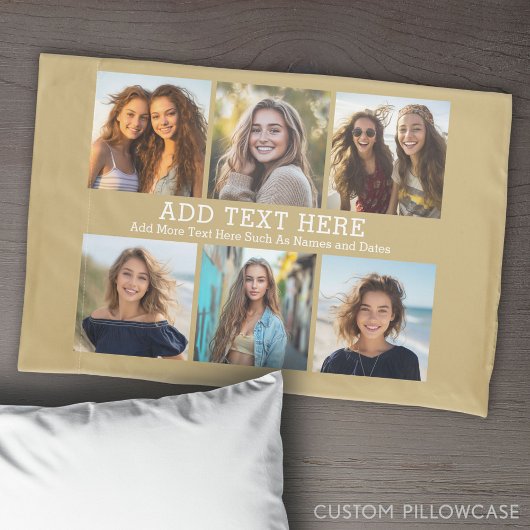 6 Fotocollage 2 regels tekst -- Pastel Gold Kussensloop