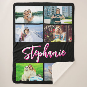 6 Fotocollage Gepersonaliseerde Hot Pink Black Sherpa Deken