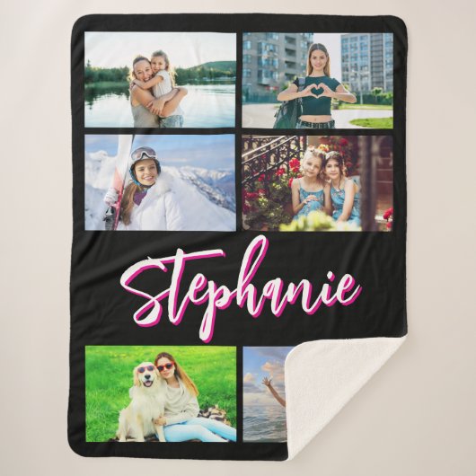 6 Fotocollage Gepersonaliseerde Hot Pink Black Sherpa Deken (Voorkant)