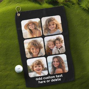 6 Fotocollage met witte tekst op zwart Golfhanddoek