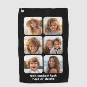 6 Fotocollage met witte tekst op zwart Golfhanddoek (Voorkant)