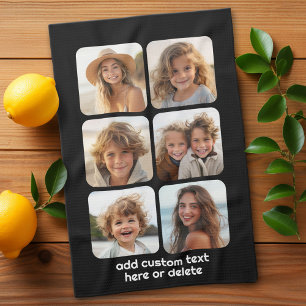 6 Fotocollage met witte tekst op zwart Theedoek