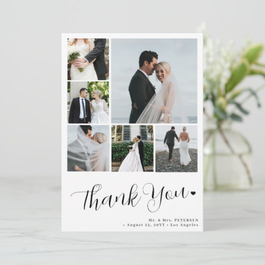 6 fotocollage modern minimalistisch script bruilof bedankkaart (Staand voorkant)