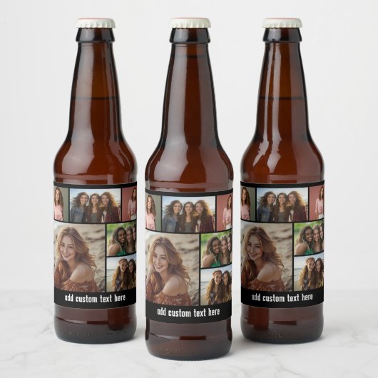6 Fotocollage Optionele tekst -- Zwarte achtergron Bier Etiket (Flessen)