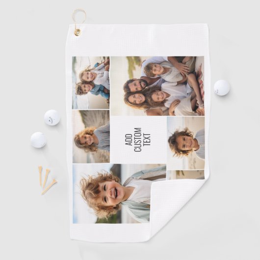 6 fotocollage - witte achtergrond - zwarte tekst golfhanddoek (Insitu)