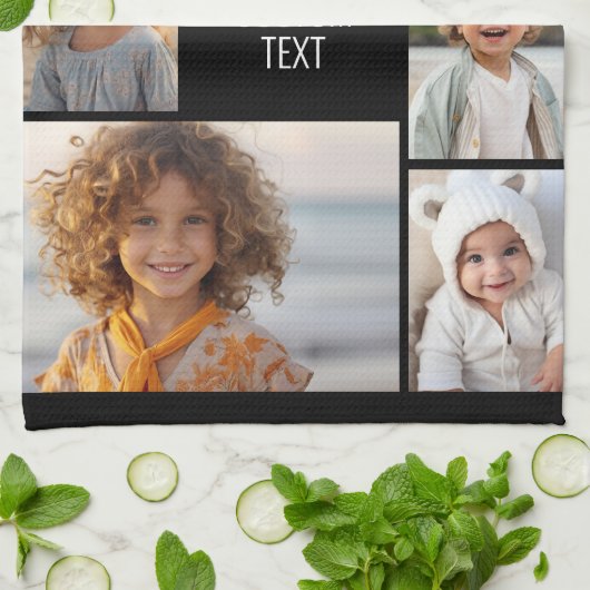 6 fotocollage - zwarte achtergrond - witte tekst theedoek (Gevouwen)