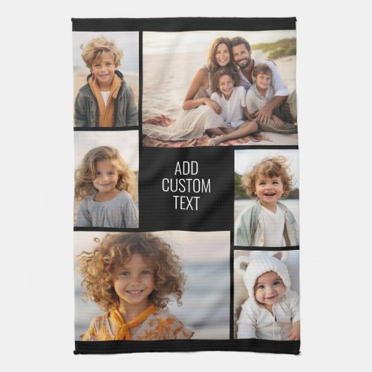 6 fotocollage - zwarte achtergrond - witte tekst theedoek (Verticaal)