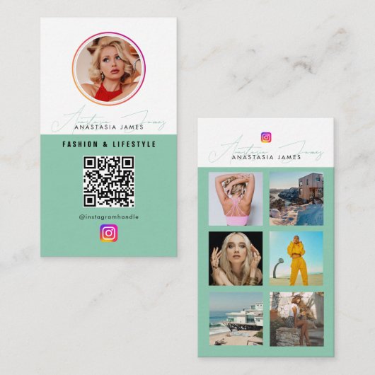 6 Fotofeed Grid Social Media QR Code Groen Visitekaartje (Voorkant / Achterkant)