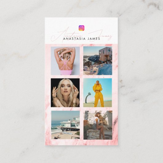 6 Fotofeed Grid Social Media QR Code Roze Marmer Visitekaartje (Achterkant)