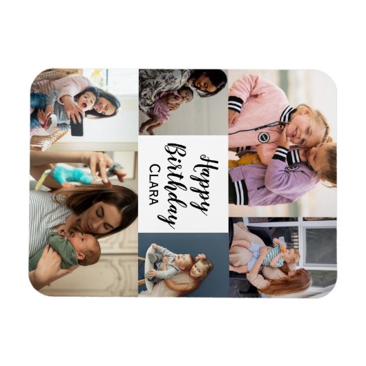 6 foto's Collage gepersonaliseerd script verjaarda Magneet (Horizontaal)