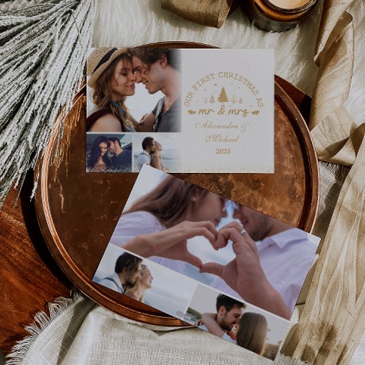 6 foto's Eerste kerst als meneer en mevrouw goud Feestdagenkaart