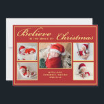 6 foto's geloven in Kerstmis magische familie rood Feestdagenkaart<br><div class="desc">Deze moderne wenskaart voor de feestdagen bevat 5 van uw favoriete kerstfamilieportretten,  aangevuld met elegante woorden als "Geloof in de magie van Kerstmis" op een feestelijke rode achtergrond. Het is aanpasbaar met uw bericht of naam. U kunt nog een afbeelding uploaden op de achterzijde van de kaart.</div>