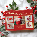 6 foto's geloven in Kerstmis magische familie rood Folie Feestdagenkaart<br><div class="desc">Een moderne kerstkaart met 5 van je favoriete kerstfamilieportretten,  aangevuld met echte gouden folie lijsten en een tekst met de tekst "Geloof in de magie van Kerstmis" op een feestelijke rode achtergrond,  aanpasbaar met je boodschap of namen. U kunt nog een afbeelding uploaden op de achterzijde van de kaart.</div>