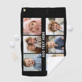 6 foto's met witte tekst op zwart golfhanddoek