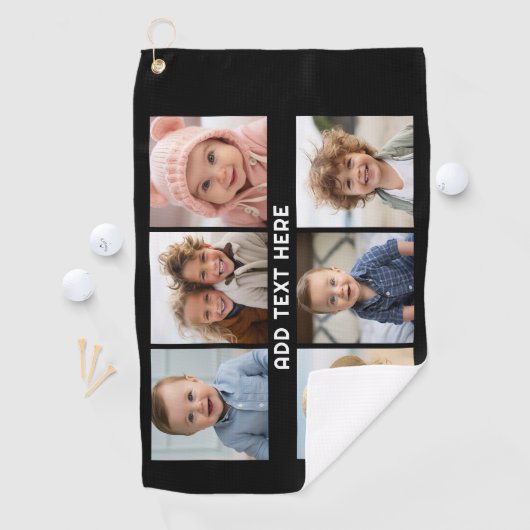 6 foto's met witte tekst op zwart golfhanddoek (Insitu)