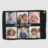 6 foto's met witte tekst op zwart golfhanddoek