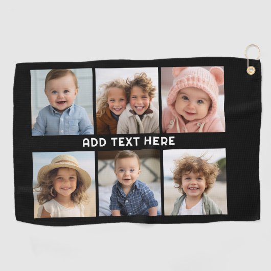 6 foto's met witte tekst op zwart golfhanddoek (Horizontaal)