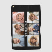 6 foto's met witte tekst op zwart golfhanddoek (Voorkant)