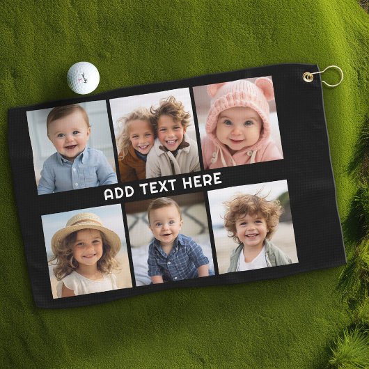 6 foto's met witte tekst op zwart golfhanddoek