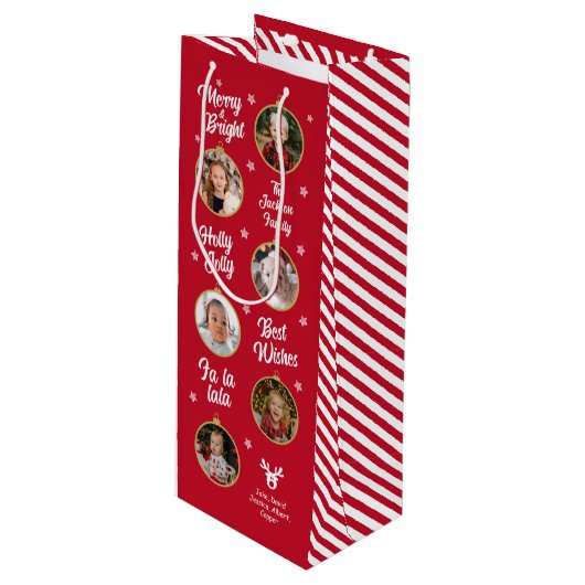 6 Foto's Rood- en Witte kerstversieringen Familie Wijn Cadeautas (Voorkant Gekanteld)