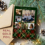 6 foto's Vrolijk Kerstfeest familie rood groen gou Folie Feestdagenkaart<br><div class="desc">Elegante stijlvolle geruite tartan echt gouden folie Merry Christmas script zes familiefoto's classic traditionele rode groene vakantie kaart met uw aangepaste gepersonaliseerde tekst aan beide zijden.</div>
