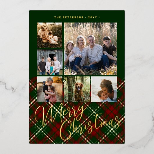 6 foto's Vrolijk Kerstfeest familie rood groen gou Folie Feestdagenkaart (Voorkant)