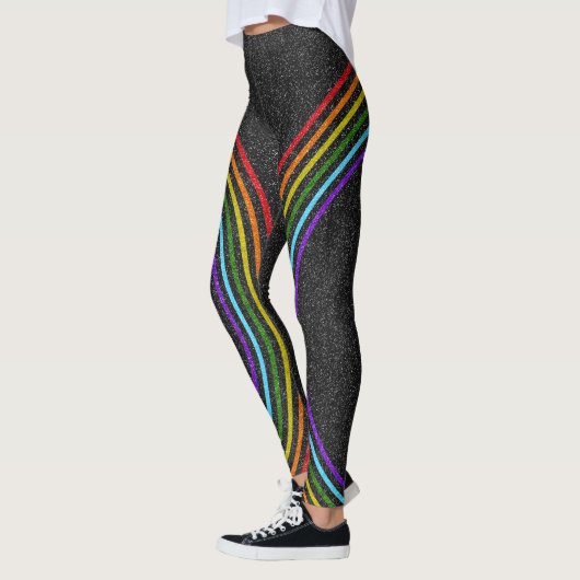 6 Glitter-regenboog in kleur op zwarte, zwarte, le Leggings (Links)