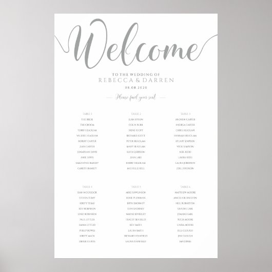 6 Grafiek Silver Tabel Wedding Seating Poster (Voorkant)