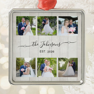 6 Huwelijksfoto Hart Swash Handtekening Witte Hout Metalen Ornament