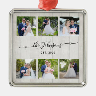 6 Huwelijksfoto Hart Swash Handtekening Witte Hout Metalen Ornament