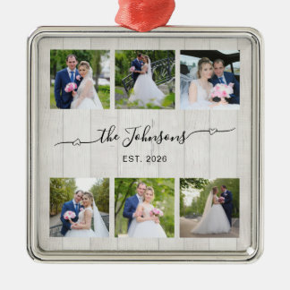 6 Huwelijksfoto Hart Swash Handtekening Witte Hout Metalen Ornament