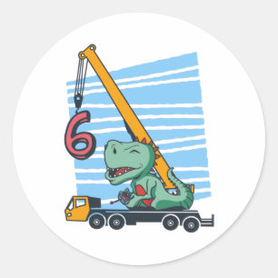 6 jaar 6e verjaardag mobiele kraan dinosaur ronde sticker