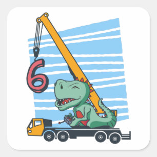 6 jaar 6e verjaardag mobiele kraan dinosaur vierkante sticker