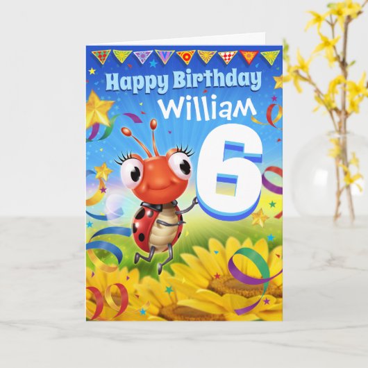 6 jaar Custom verjaardagskaart Little Ladybug bere Kaart (Gele Bloem)