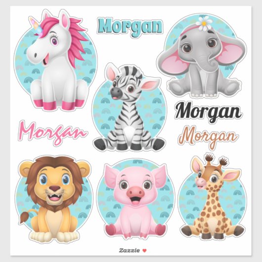 6 Kute Baby Animals, kleurrijke kunst, 4 Namen Sticker (Vel)