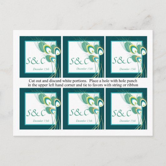 6 Moderne Blauwgroen Pauw bruiloft gunst Labels Briefkaart (Voorkant)