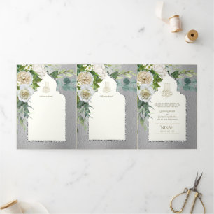6 pg NIKAH WALIMAH White Greenery Silver Wedding Drieluik Uitnodiging