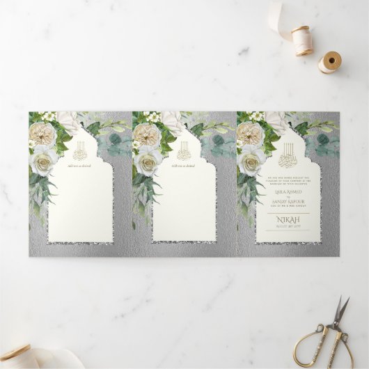 6 pg NIKAH WALIMAH White Greenery Silver Wedding Drieluik Uitnodiging (Buitenkant)