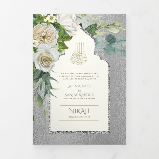 6 pg NIKAH WALIMAH White Greenery Silver Wedding Drieluik Uitnodiging (Cover)