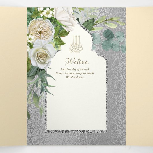 6 pg NIKAH WALIMAH White Greenery Silver Wedding Drieluik Uitnodiging (Binnenkant midden)