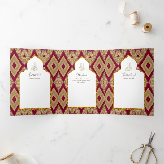 6 pg NIKAH WALIMAH White Red Gold  Tri Fold I Drieluik Uitnodiging (Binnen)