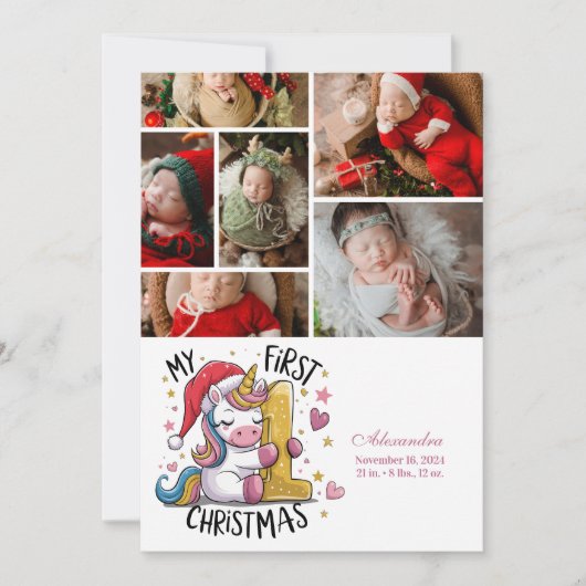 6 Photo 1st Baby Christmas Pink Gold Unicorn Feestdagenkaart (Voorkant)