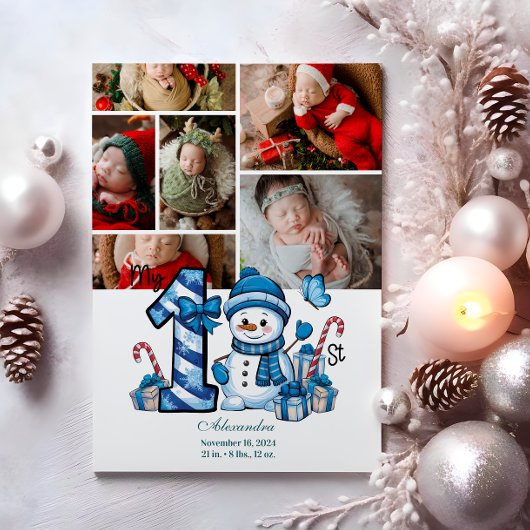 6 Photo Blue Snowman First Christmas Feestdagenkaart