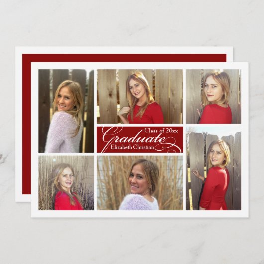 6-Photo Collage Dark Red Custom Afstuderen Kaart (Voorkant / Achterkant)