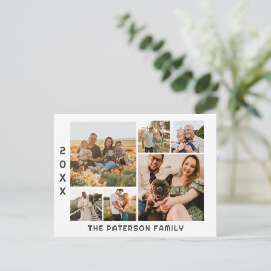 6 Photo Collage Familienaam Modern Minimalist Feestdagenkaart (Staand voorkant)