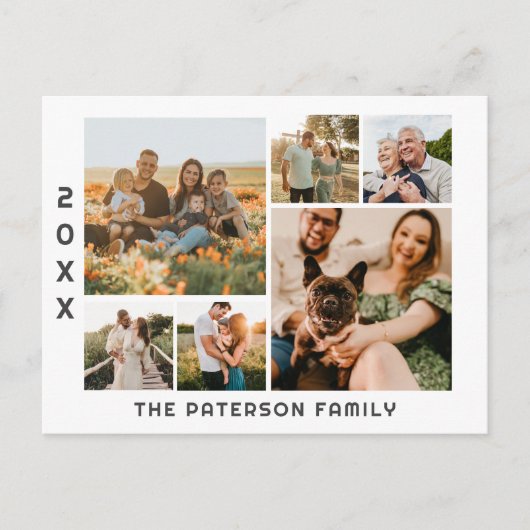 6 Photo Collage Familienaam Modern Minimalist Feestdagenkaart (Voorkant)