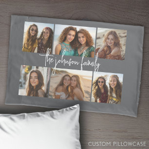 6 Photo Collage Grid - Wit Aangepaste tekst - Grij Kussensloop