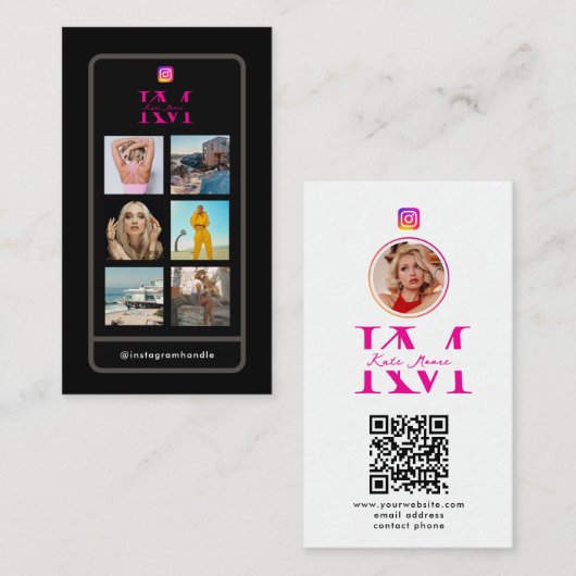 6 Photo Collage Influencer Feed Pink Monogram Visitekaartje (Voorkant / Achterkant)
