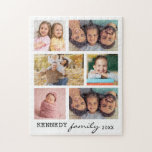 6 Photo Collage Sjabloon Familienaam Wit Legpuzzel<br><div class="desc">Creëer uw eigen foto collage legpuzzel met 6 van uw favoriete afbeeldingen op een witte achtergrond.Personaliseer met familienaam en jaar. De familie foto collage puzzel is perfect voor solo of familie tijd activiteit. Jigsaw puzzels helpen je te ontspannen en je stress te verlichten. De nieuwste trend in zelfzorg is het...</div>